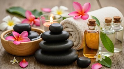 Relaxing spa setup with stones, flowers, and essential oils