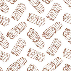 Seamless pattern of cinnamon stick tied in bundle on a white background in line art style. Design for bakery package or kitchen decor.
