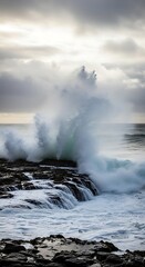 Obraz premium Ocean wave crashing on rocky shore under overcast sky