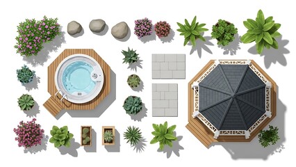 Outdoor patio setup with hot tub and gazebo isolated on white background