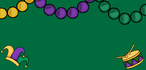 Festive Mardi Gras vector background with colorful beads, jester hat, and drum elements on a green backdrop.