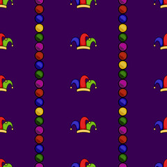 Mardi Gras jester hat and bead garland seamless vector pattern on a deep purple background, celebrating festive carnivals.