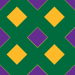 Seamless vector pattern featuring a geometric arrangement of purple and gold diamonds against a deep green background, evoking Mardi Gras and festive celebrations.