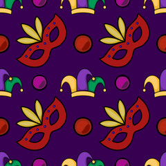 Seamless vector pattern featuring traditional Mardi Gras masks and jester hats in vibrant colors on a deep purple background, perfect for festive decorations and celebrations.