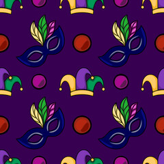 Seamless vector pattern featuring Mardi Gras masks, jester hats, and decorative circles on a vibrant purple background.