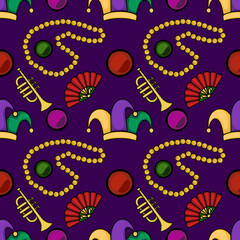 Seamless Mardi Gras vector pattern featuring jesters' hats, bead necklaces, trumpets, and fans on a purple background.