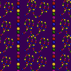 Seamless vector pattern of colorful Mardi Gras beads in looping chains and vertical strings against a deep purple background.