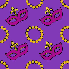 Seamless Mardi Gras vector pattern featuring purple masquerade masks adorned with gold fleur-de-lis and scattered gold beads on a vibrant purple background.