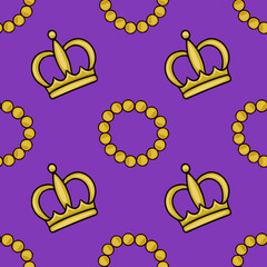 Seamless vector pattern featuring golden crowns and bead necklaces on a vibrant purple background, evoking a sense of royalty and celebration.