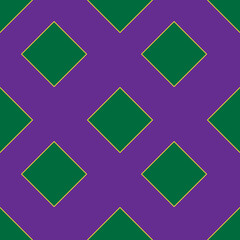 Seamless vector pattern featuring repeating green diamonds outlined in gold against a vibrant purple background, creating a geometric and festive visual.