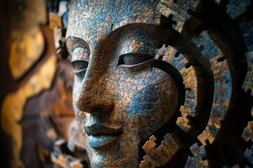 Intricate puzzle face art with metallic sunburst design