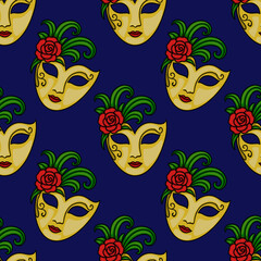 Seamless vector pattern of golden Venetian masks adorned with red roses and green foliage on a deep navy blue background.