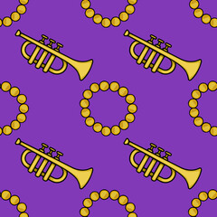 Festive Mardi Gras seamless vector pattern featuring golden trumpets and bead necklaces on a vibrant purple background, perfect for celebratory designs.