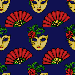 Seamless vector pattern featuring ornate Venetian masks and vibrant red fans, set against a deep navy blue background, evoking a festive and mysterious carnival atmosphere.