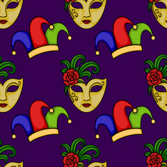 Festive Mardi Gras seamless vector pattern featuring ornate golden masks with red roses and jester hats on a deep purple background.