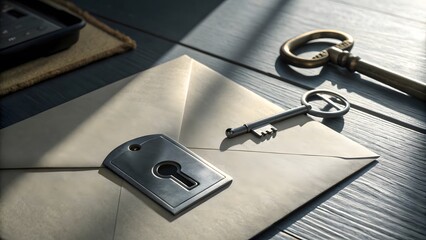 A detailed close up of a keyhole and an envelope on a table