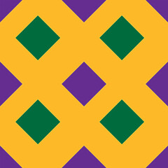 Seamless vector pattern featuring interlocking gold geometric shapes with alternating purple and green diamond accents, evoking a festive Mardi Gras theme.