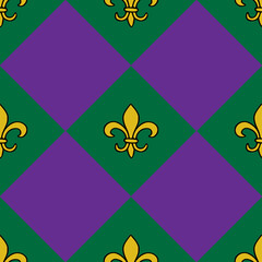 Seamless vector pattern featuring golden fleur-de-lis motifs on a repeating diamond background of green and purple.