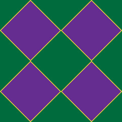 Seamless vector pattern of interlocking purple diamonds with yellow borders on a deep green background, evoking a Mardi Gras or regal aesthetic.