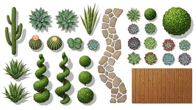 Collection of various succulent plants and garden elements isolated on white background