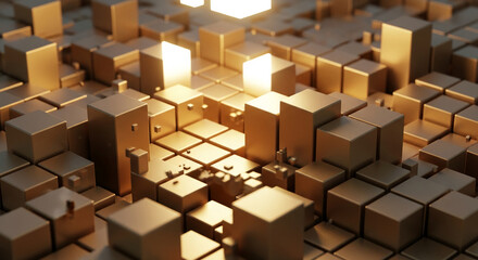 Geometric arrangement of golden cubes, some with elevated height and illuminated tops, representing structure, growth, and abstract concepts