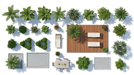 Serene outdoor oasis with lush greenery and modern furniture isolated on white background