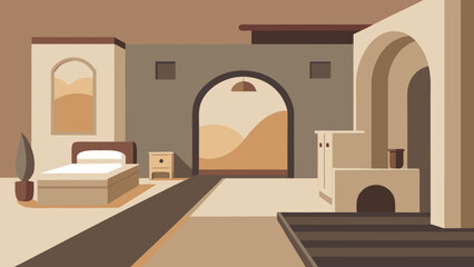 Flat vector illustration of cozy desert-style hotel room with arched doorway and warm colors