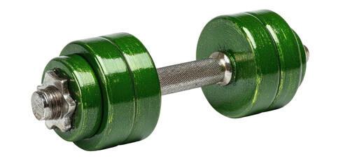 Green dumbbell with metal bar and star nut against a stark black background