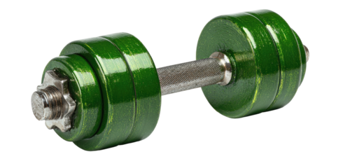 Green dumbbell with metal bar and star nut against a stark black background
