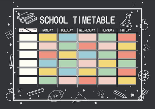 Colorful Weekly School Timetable on Blackboard Style.