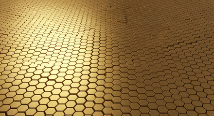 Golden hexagonal mosaic tiles forming a textured, abstract surface, resembling a honeycomb pattern and symbolizing connection and industrial structure