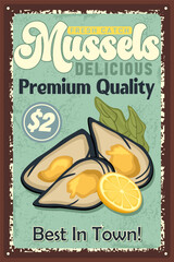 Vintage Mussels Seafood Poster with Lemon