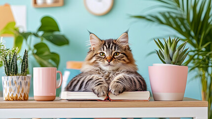 Adorable long-haired tabby kitten posing on open novel on wooden desk, accented by pastel pink mugs and modern succulents against bright mint background.