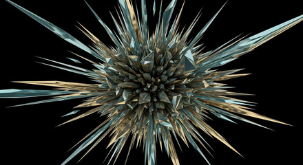 Abstract fractal, blue-gold shard on black, radiating outward. Symbolizes complexity, geometry, and digital art, perfect for technology concepts