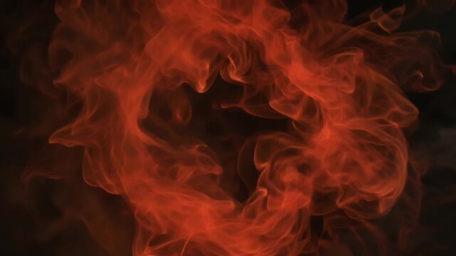 Dense, glowing red smoke swirls left, gradually mysterious, glowing portal shape center black background. smoke rotates curls sparks embers drift scene, supernatural cinematic vibe. Perfect for horror