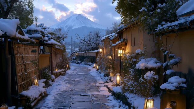雪の集落に灯る富士と氷かぼちゃ行灯冬夜景風景