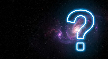 Image of a bright, neon blue question mark against a backdrop of galactic space with a swirling nebula, symbolizing curiosity and unknown information