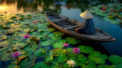 Fototapeta premium Woman Paddling Boat Through Lotus Pond.