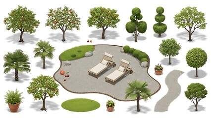 Serene garden oasis with lounge chairs and lush greenery isolated on white background