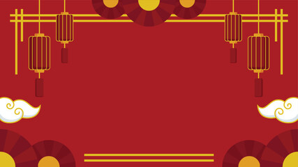Minimalist Chinese New Year template background featuring traditional hanging lanterns, hand fans, and clouds with copy space for text. Lunar New Year background.