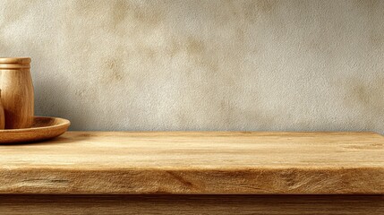 Wooden Table with Ceramic Cup and Saucer.