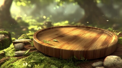 Wooden Tray in Forest Setting Nature Scene.