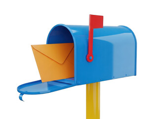 Blue mailbox with yellow envelope, isolated on transparent background