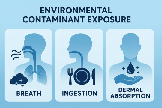 Medical infographic detailing environmental contaminant exposure. concise chart showing breath, ingestion, and dermal absorption pathways, raising serious health awareness