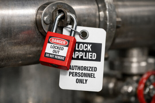 Serious red lockout padlock and warning tagout showing danger on industrial equipment. This safety procedure ensures machinery is locked for authorized personnel only