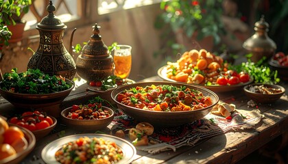 Middle Eastern Cuisine Feast on Wooden Table.