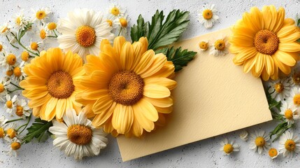 Yellow Flowers and Blank Card on White.