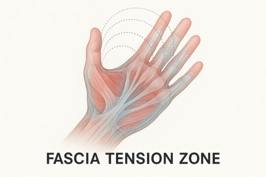 Medical illustration of hand and wrist anatomy showing fascia tension zone. An anatomy diagram representing muscle pain, stress, and discomfort in human body