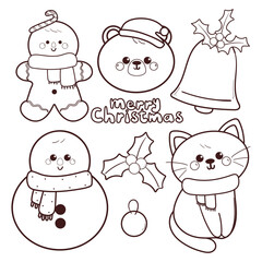 set of Christmas and winter element drawing with cartoon cat and bear for coloring page or coloring book