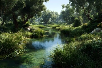 Obraz premium Lush wetlands with reeds and aquatic plants, ecosystem and conservation